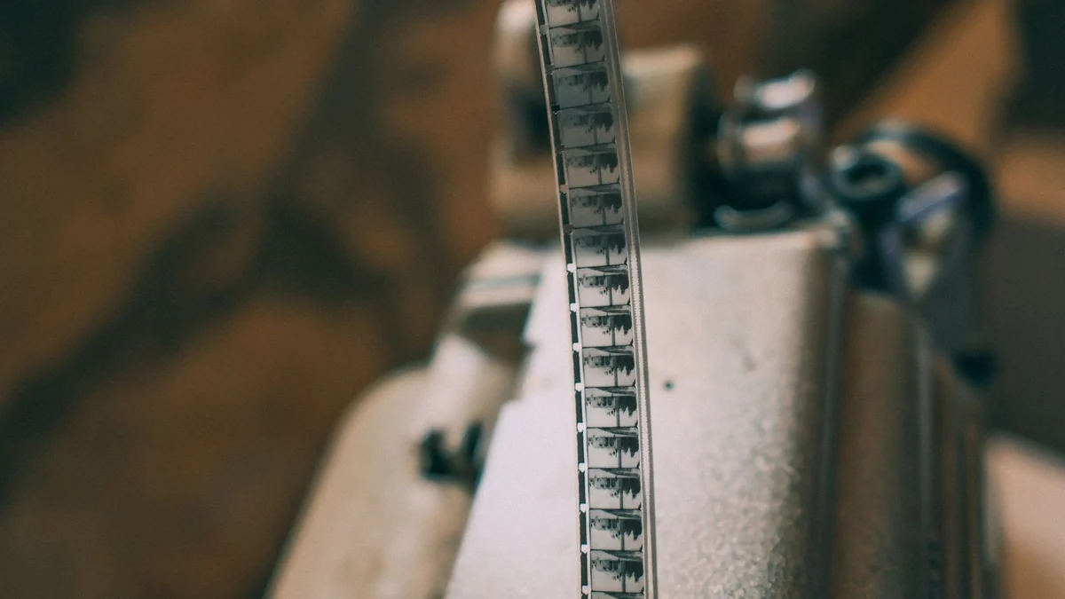 Close-up of a film strip passing through a projector mechanism