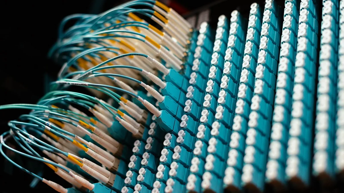 Network cables connected to a row of ports