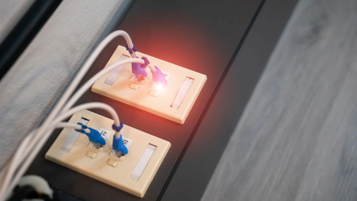 Ethernet ports with cables and lit indicator lights