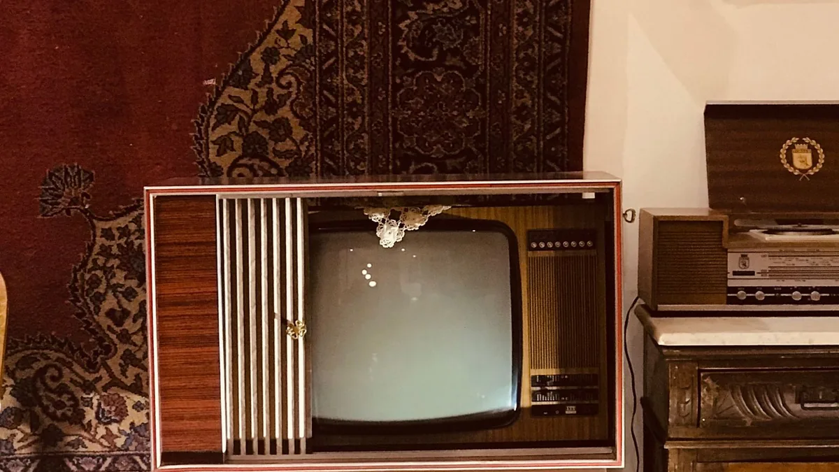 A retro living room with an older television set
