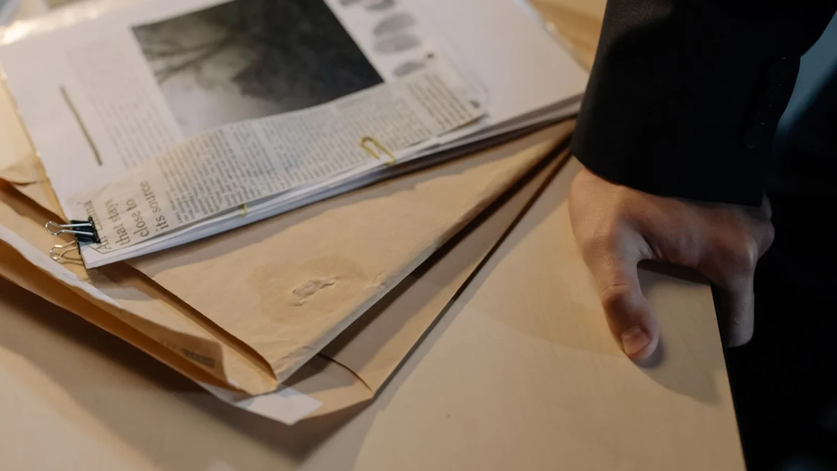 An old case file and papers on a wooden desk