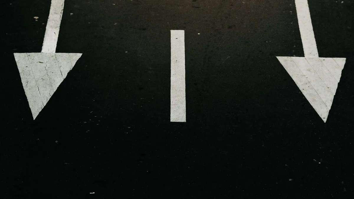 Two arrows painted on a road pointing in different directions
